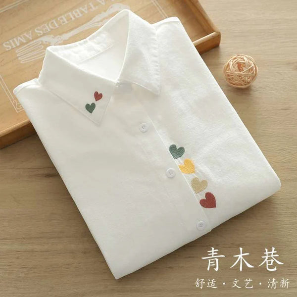 "Minimalist White Shirt with Colorful Heart Embroidery – Soft & Stylish"