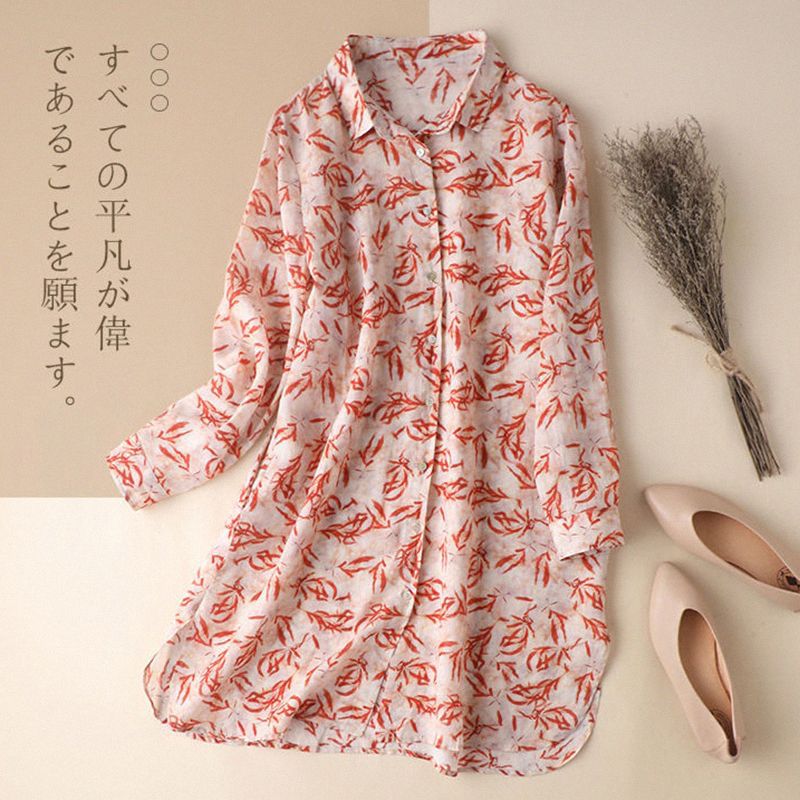 Elegant Lightweight Shirt Dress with Red Leaf Pattern