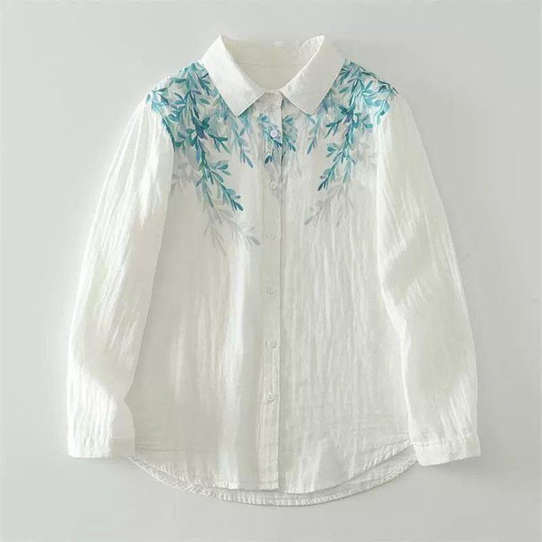Serene Leaf Watercolor Button-Up Shirt – White with Blue-Green Print